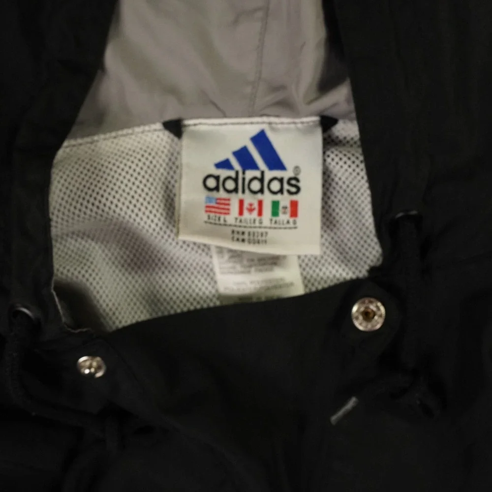 VTG Adidas Jacket Men Large Black Hooded 3 Stripe Logos Y2K Windbreaker Pullover